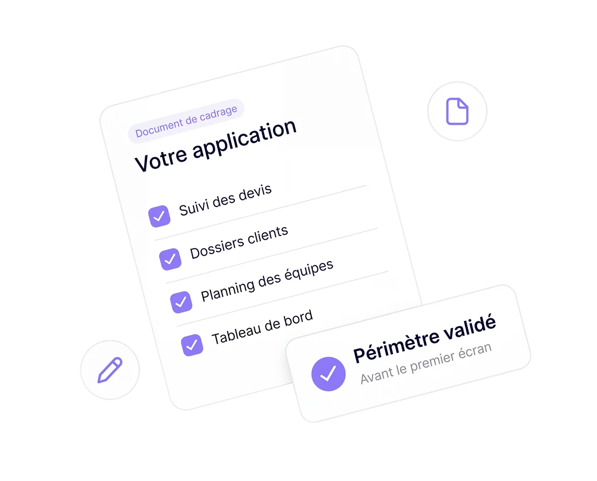 Document de cadrage listant les fonctionnalités cochées d'une application, avec une étiquette périmètre validé
