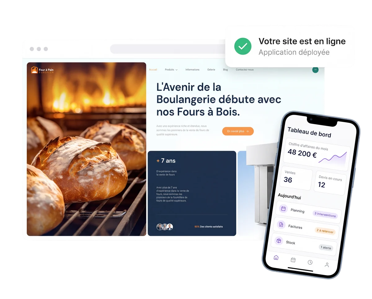 Site d'un client affiché dans un navigateur à côté de l'application sur téléphone, avec une confirmation de mise en ligne