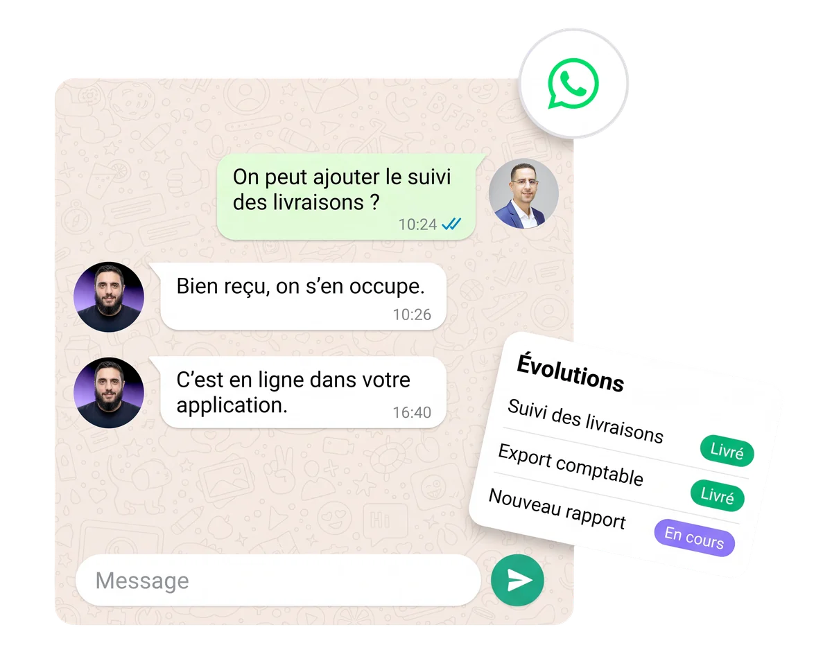 Conversation WhatsApp avec le client et liste des évolutions livrées ou en cours