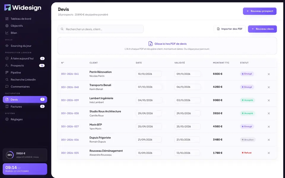 Section du site Logiciel de prospection et de facturation