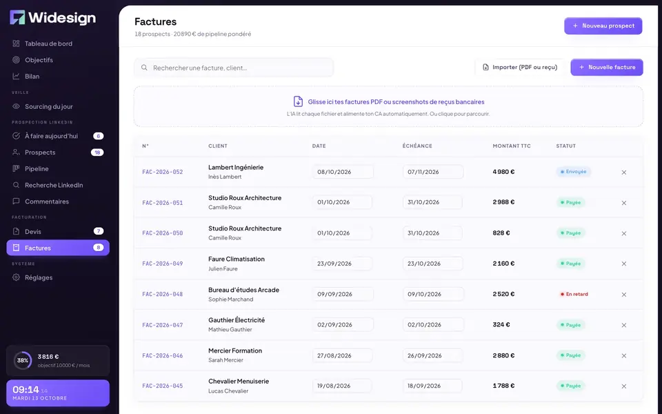 Section du site Logiciel de prospection et de facturation
