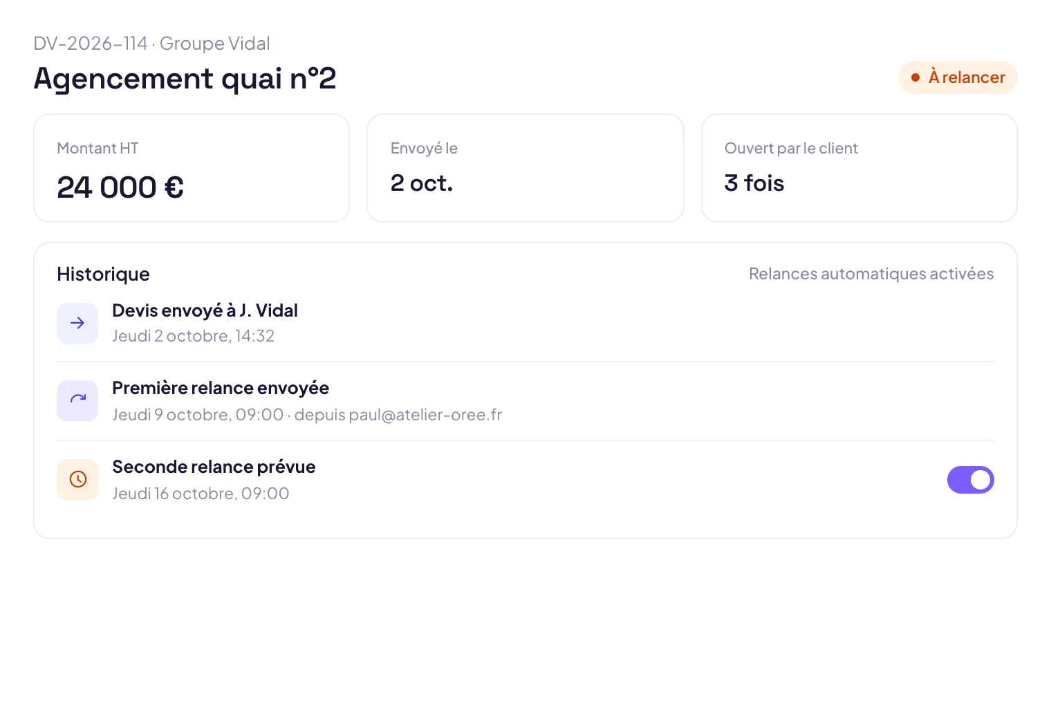 Fiche d’un devis avec ses relances